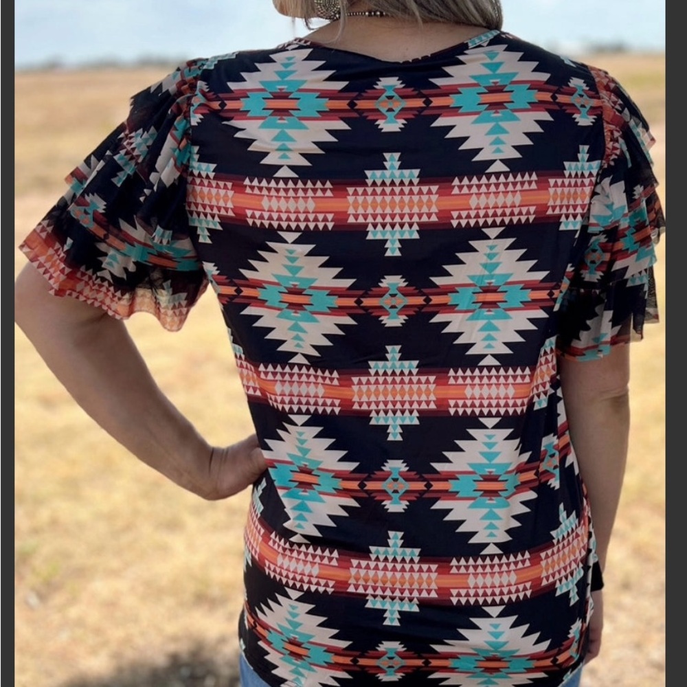 Aztec Print Ruffle Sleeve Top - Picture 2 of 2